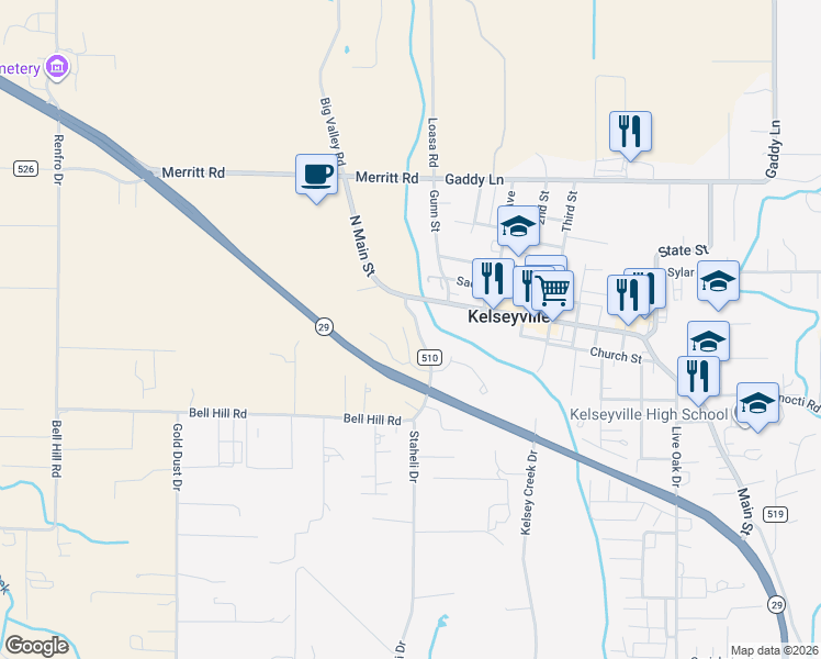 map of restaurants, bars, coffee shops, grocery stores, and more near 5300 McKee Road in Kelseyville