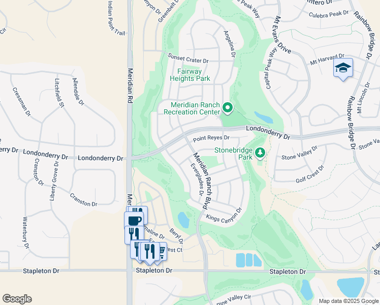map of restaurants, bars, coffee shops, grocery stores, and more near 12140 Isle Royale Drive in Peyton