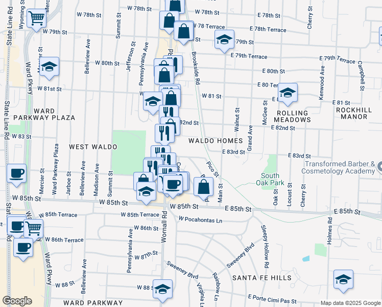map of restaurants, bars, coffee shops, grocery stores, and more near 206 West 83rd Terrace in Kansas City