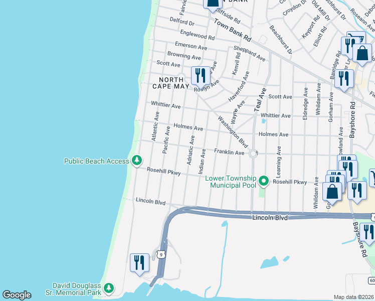 map of restaurants, bars, coffee shops, grocery stores, and more near 1400 Franklin Avenue in Lower Township