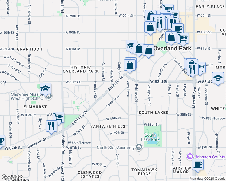 map of restaurants, bars, coffee shops, grocery stores, and more near 8330 Santa Fe Lane in Overland Park