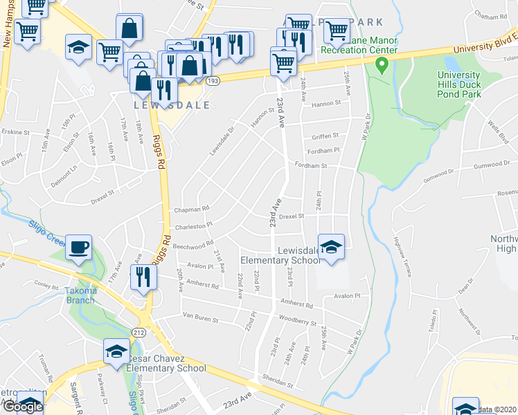 map of restaurants, bars, coffee shops, grocery stores, and more near 2203 Beechwood Road in Hyattsville