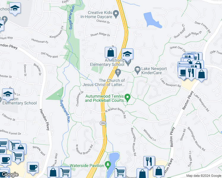 map of restaurants, bars, coffee shops, grocery stores, and more near 1626 Poplar Grove Drive in Reston