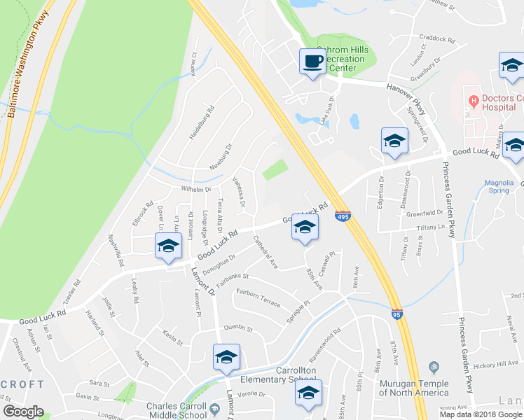 map of restaurants, bars, coffee shops, grocery stores, and more near 6707 Cathedral Avenue in Lanham