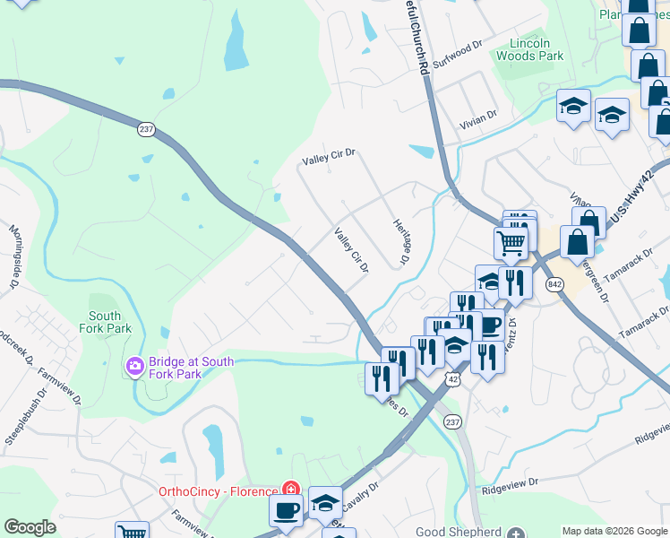 map of restaurants, bars, coffee shops, grocery stores, and more near 8404 Pleasant Valley Rd in Florence