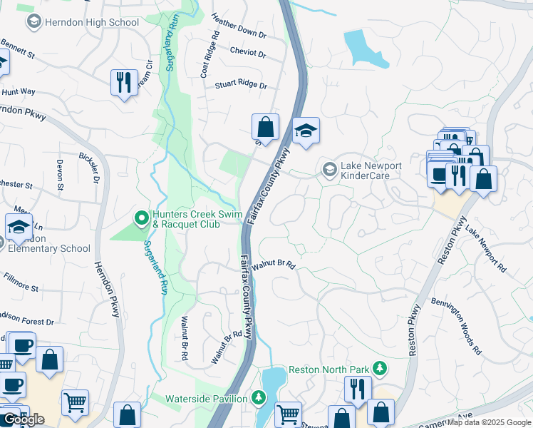 map of restaurants, bars, coffee shops, grocery stores, and more near 1626 Poplar Grove Drive in Reston