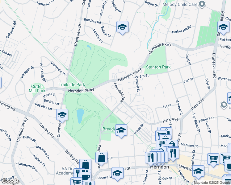 map of restaurants, bars, coffee shops, grocery stores, and more near 1039 Elder Court in Herndon