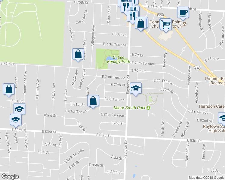 map of restaurants, bars, coffee shops, grocery stores, and more near 9800 East 80th Street in Raytown