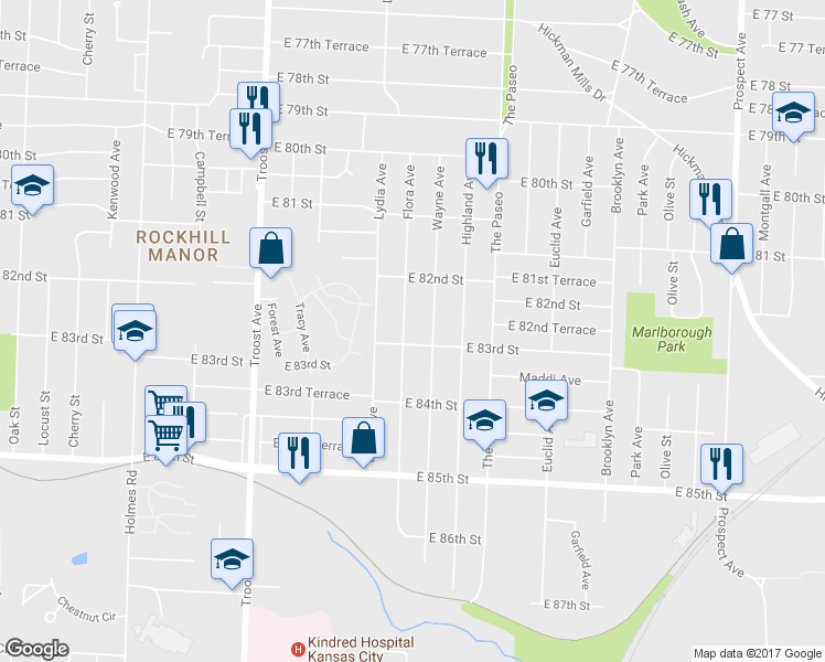 map of restaurants, bars, coffee shops, grocery stores, and more near 8245 Flora Avenue in Kansas City
