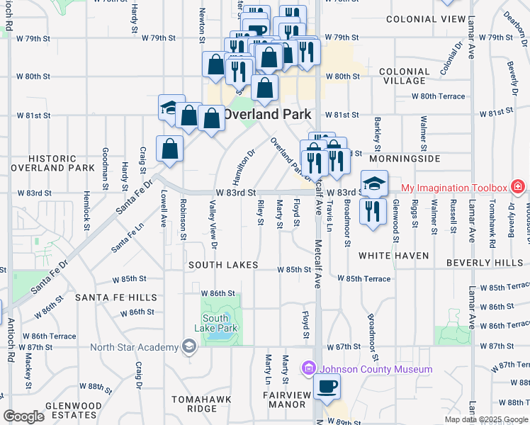 map of restaurants, bars, coffee shops, grocery stores, and more near 8321 Riley Street in Overland Park