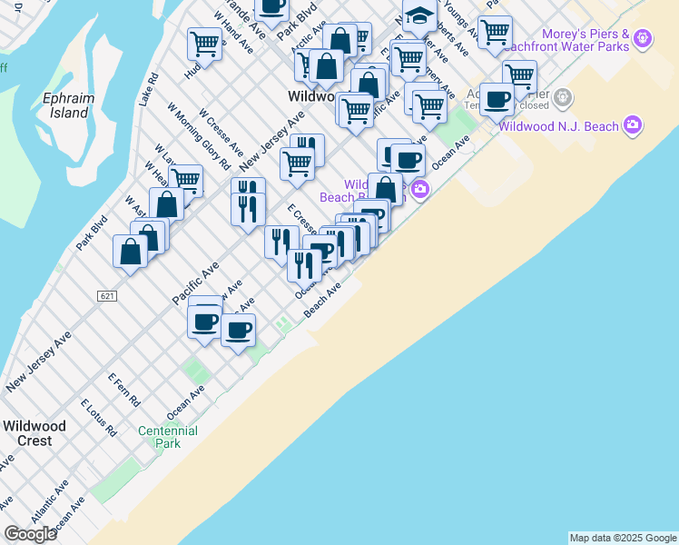 map of restaurants, bars, coffee shops, grocery stores, and more near 5401 Ocean Avenue in Wildwood
