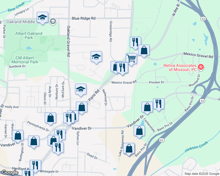 map of restaurants, bars, coffee shops, grocery stores, and more near 2712 Mexico Gravel Road in Columbia