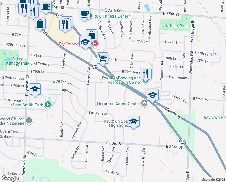 map of restaurants, bars, coffee shops, grocery stores, and more near 7923 Harris Avenue in Raytown