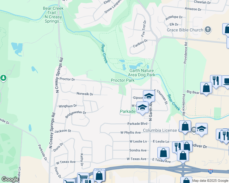 map of restaurants, bars, coffee shops, grocery stores, and more near 600 Bear Valley Court in Columbia