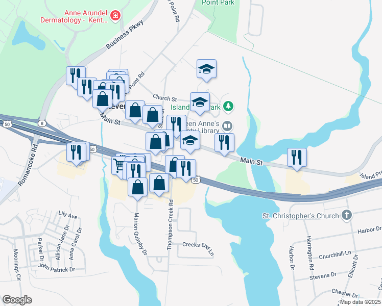 map of restaurants, bars, coffee shops, grocery stores, and more near 610 Main Street in Stevensville