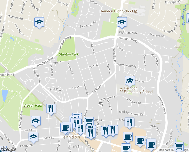 map of restaurants, bars, coffee shops, grocery stores, and more near 1000 Van Buren St in Herndon