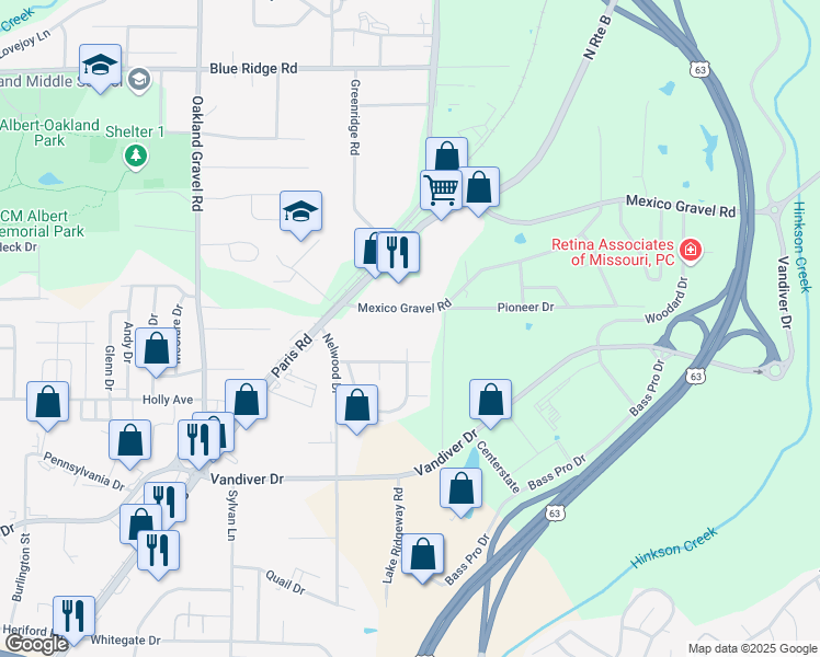 map of restaurants, bars, coffee shops, grocery stores, and more near 2910 Mexico Gravel Road in Columbia