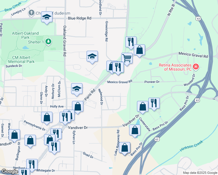 map of restaurants, bars, coffee shops, grocery stores, and more near 2712 Mexico Gravel Road in Columbia
