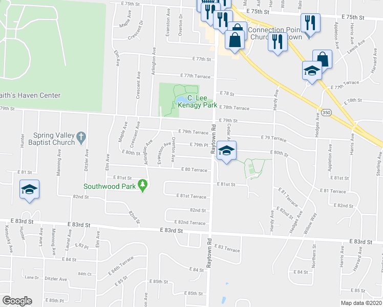 map of restaurants, bars, coffee shops, grocery stores, and more near 9800 East 80th Street in Raytown