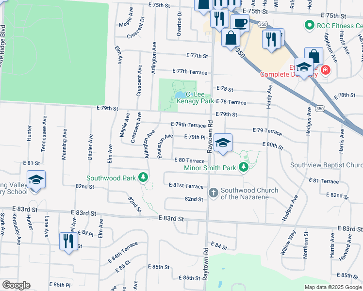 map of restaurants, bars, coffee shops, grocery stores, and more near 9800 East 80th Street in Raytown