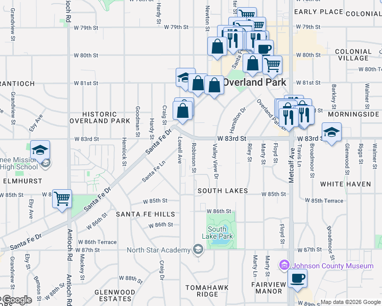map of restaurants, bars, coffee shops, grocery stores, and more near 8333 Robinson Street in Overland Park