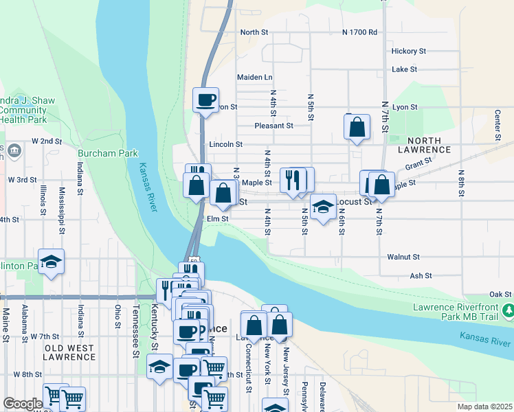 map of restaurants, bars, coffee shops, grocery stores, and more near 332 Locust St in Lawrence