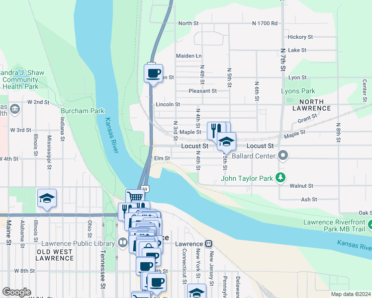 map of restaurants, bars, coffee shops, grocery stores, and more near 332 Locust St in Lawrence