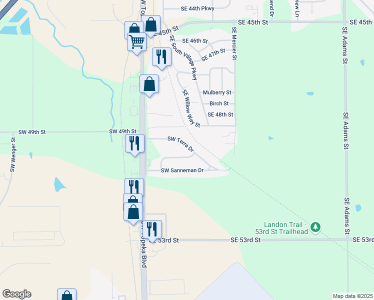 map of restaurants, bars, coffee shops, grocery stores, and more near 205 Southwest Terra Drive in Topeka