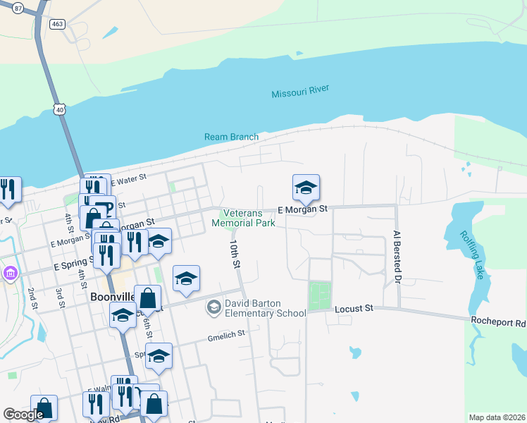 map of restaurants, bars, coffee shops, grocery stores, and more near 1072 E Morgan St in Boonville
