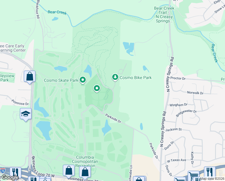 map of restaurants, bars, coffee shops, grocery stores, and more near 1708 Parkside Drive in Columbia