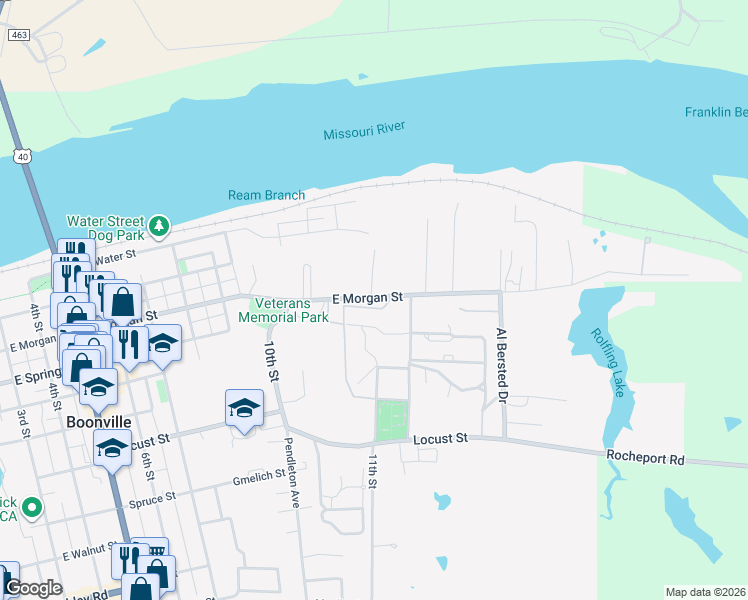 map of restaurants, bars, coffee shops, grocery stores, and more near 1199 East Morgan Street in Boonville