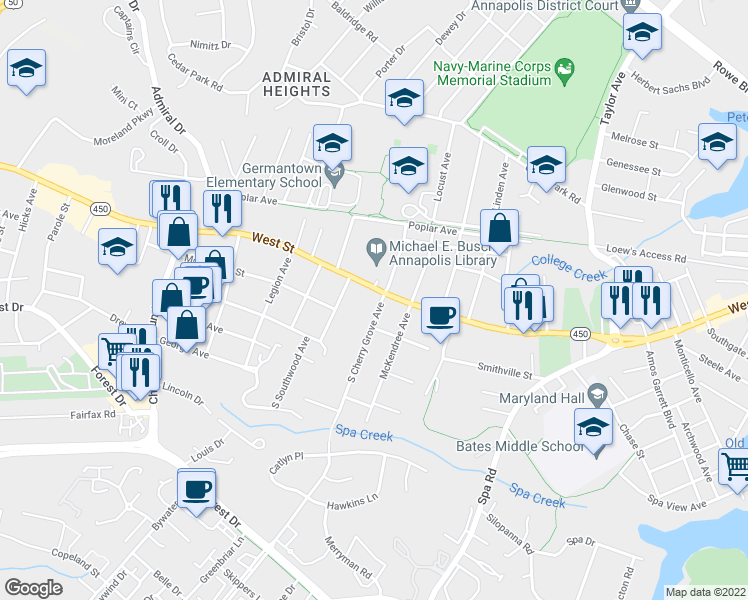 map of restaurants, bars, coffee shops, grocery stores, and more near 6 South Cherry Grove Avenue in Annapolis