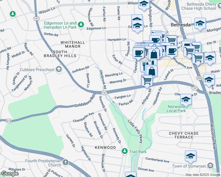 map of restaurants, bars, coffee shops, grocery stores, and more near 5131 Bradley Boulevard in Chevy Chase