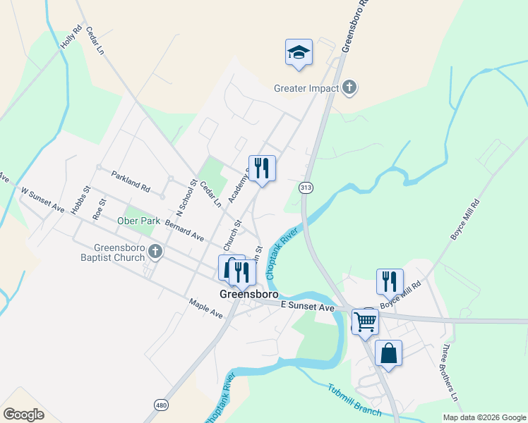 map of restaurants, bars, coffee shops, grocery stores, and more near 101 Elmor Court in Greensboro