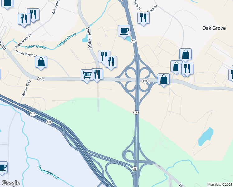 map of restaurants, bars, coffee shops, grocery stores, and more near 45345 Catalina Court in Sterling