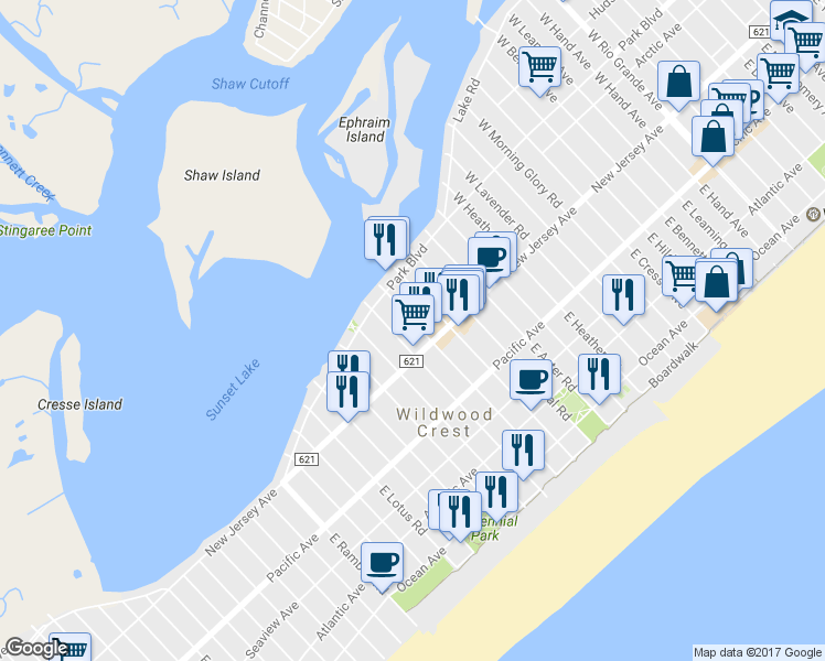 map of restaurants, bars, coffee shops, grocery stores, and more near 110 West Wisteria Road in Wildwood