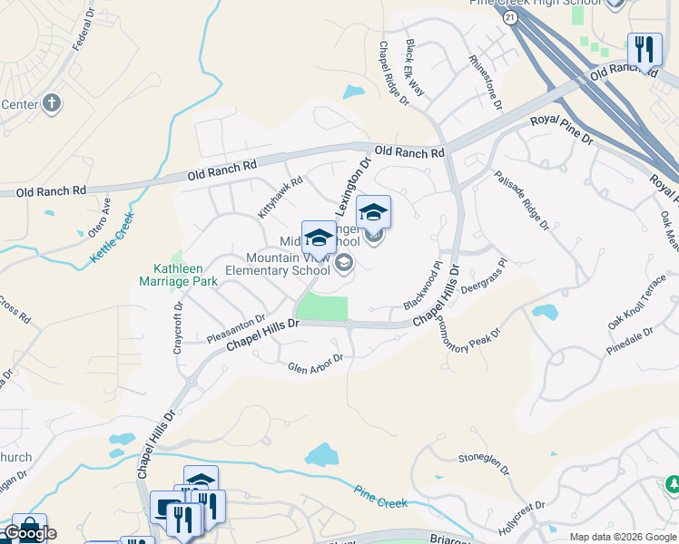 map of restaurants, bars, coffee shops, grocery stores, and more near 10095 Lexington Drive in Colorado Springs