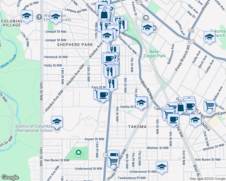 map of restaurants, bars, coffee shops, grocery stores, and more near 7209 Georgia Avenue Northwest in Washington
