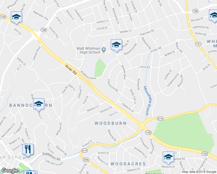 map of restaurants, bars, coffee shops, grocery stores, and more near 6224 Clearwood Road in Bethesda