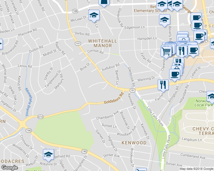 map of restaurants, bars, coffee shops, grocery stores, and more near 5500 Pembroke Terrace in Bethesda