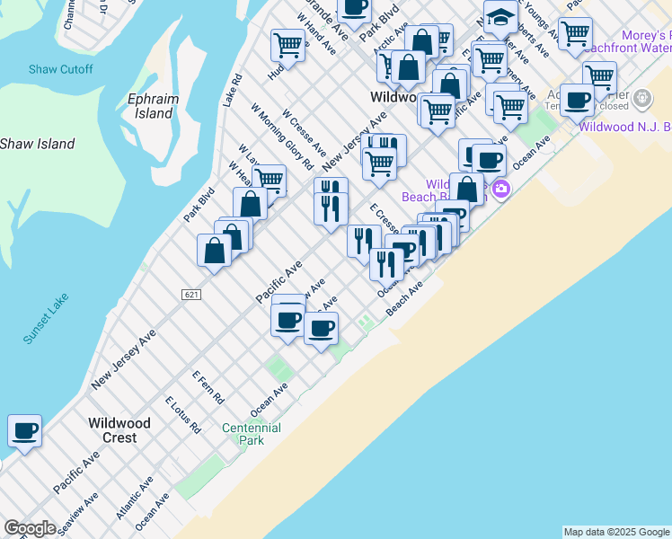 map of restaurants, bars, coffee shops, grocery stores, and more near 307 East Heather Road in Wildwood Crest