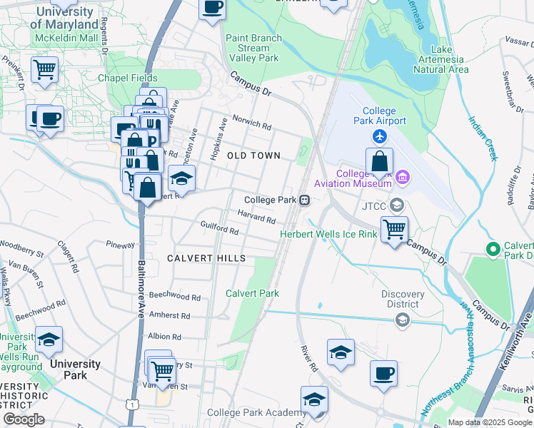 map of restaurants, bars, coffee shops, grocery stores, and more near 4808 Harvard Road in College Park