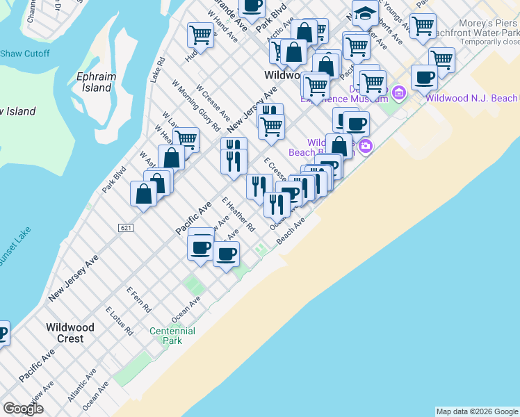 map of restaurants, bars, coffee shops, grocery stores, and more near 5607 Atlantic Ave in Wildwood Crest