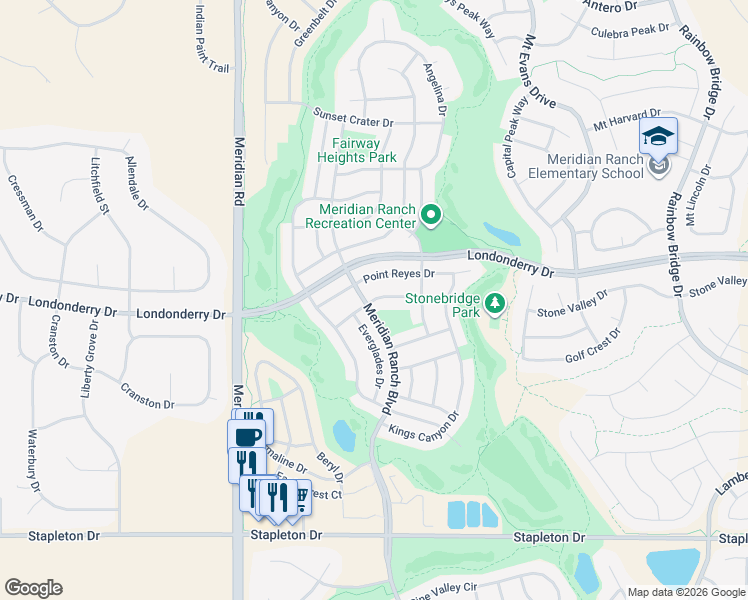 map of restaurants, bars, coffee shops, grocery stores, and more near 12225 Isle Royale Drive in Peyton