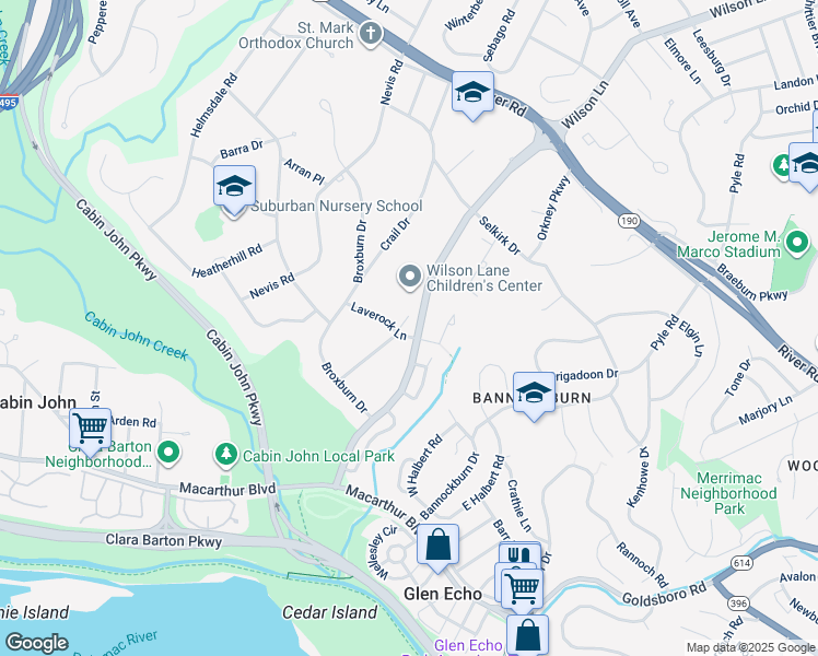 map of restaurants, bars, coffee shops, grocery stores, and more near 7017 Wilson Lane in Bethesda