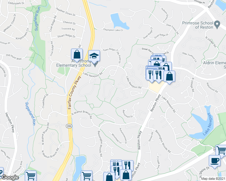 map of restaurants, bars, coffee shops, grocery stores, and more near 1485 Autumn Ridge Circle in Reston