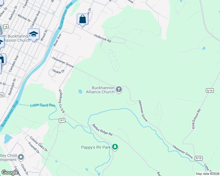 map of restaurants, bars, coffee shops, grocery stores, and more near 438 Phillips Dairy Road in Buckhannon