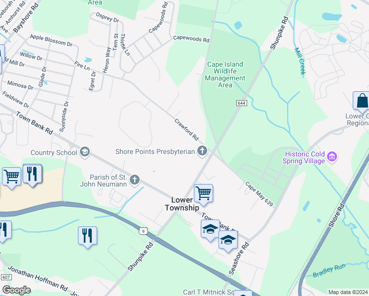 map of restaurants, bars, coffee shops, grocery stores, and more near 680 Crawford Road in Cape May