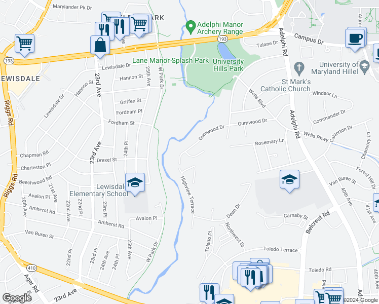map of restaurants, bars, coffee shops, grocery stores, and more near 3101 Gumwood Drive in Hyattsville