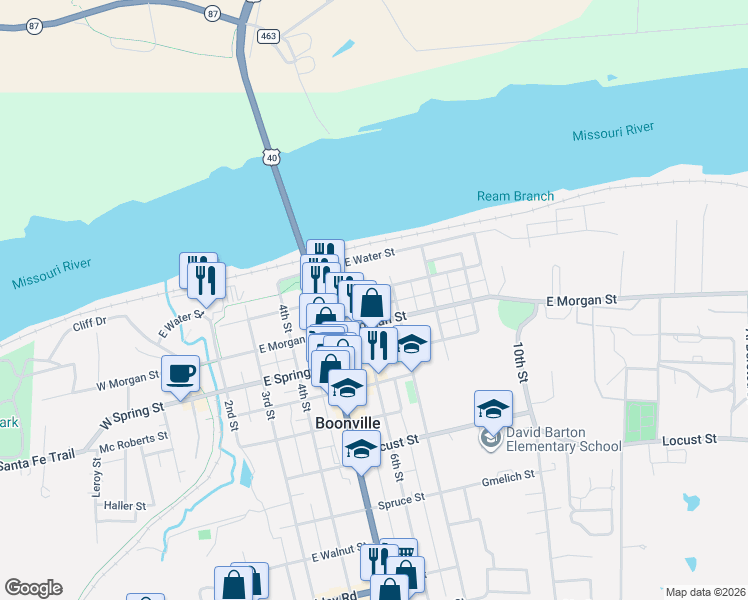 map of restaurants, bars, coffee shops, grocery stores, and more near 601-699 Court St in Boonville